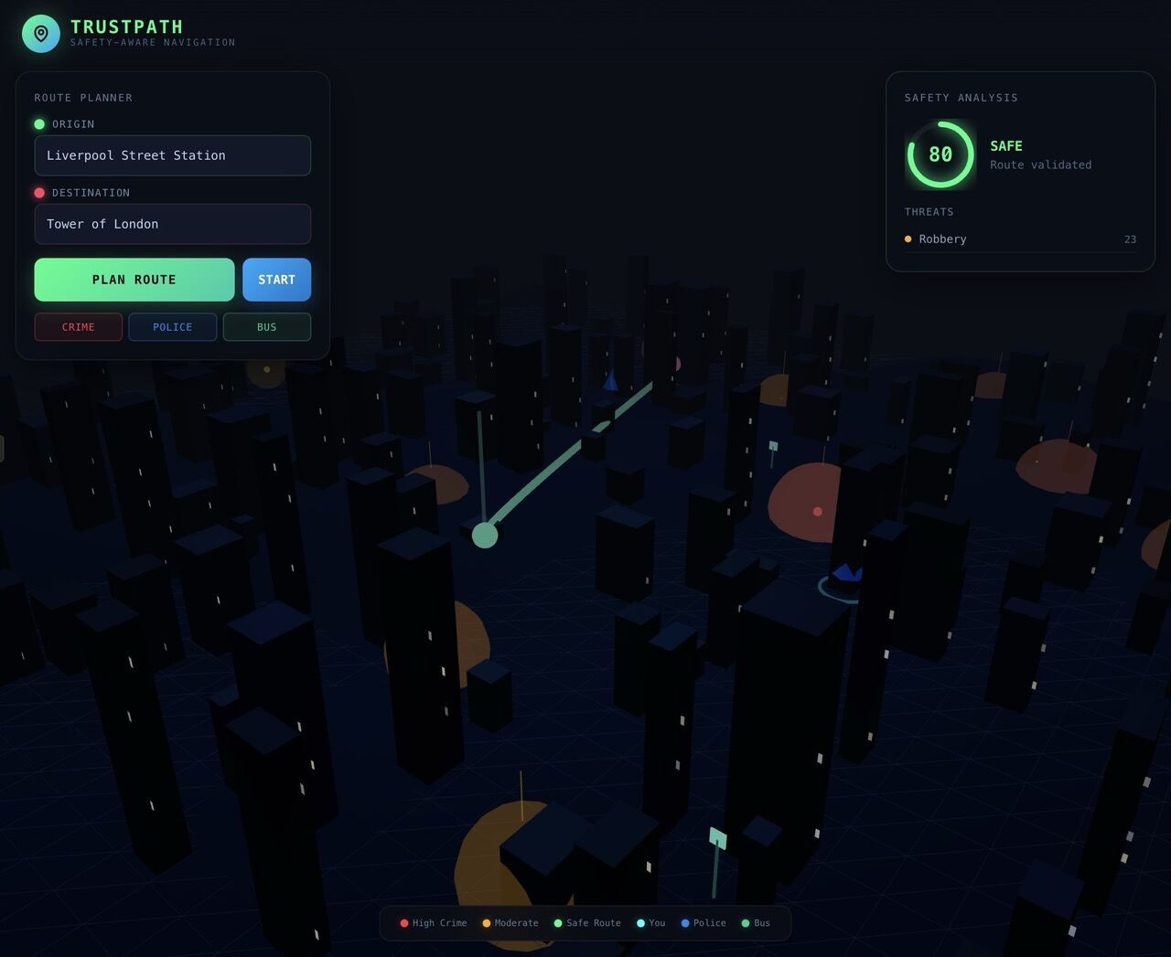 Trust Path prototype: safety-aware route navigation from Liverpool Street to the Tower of London