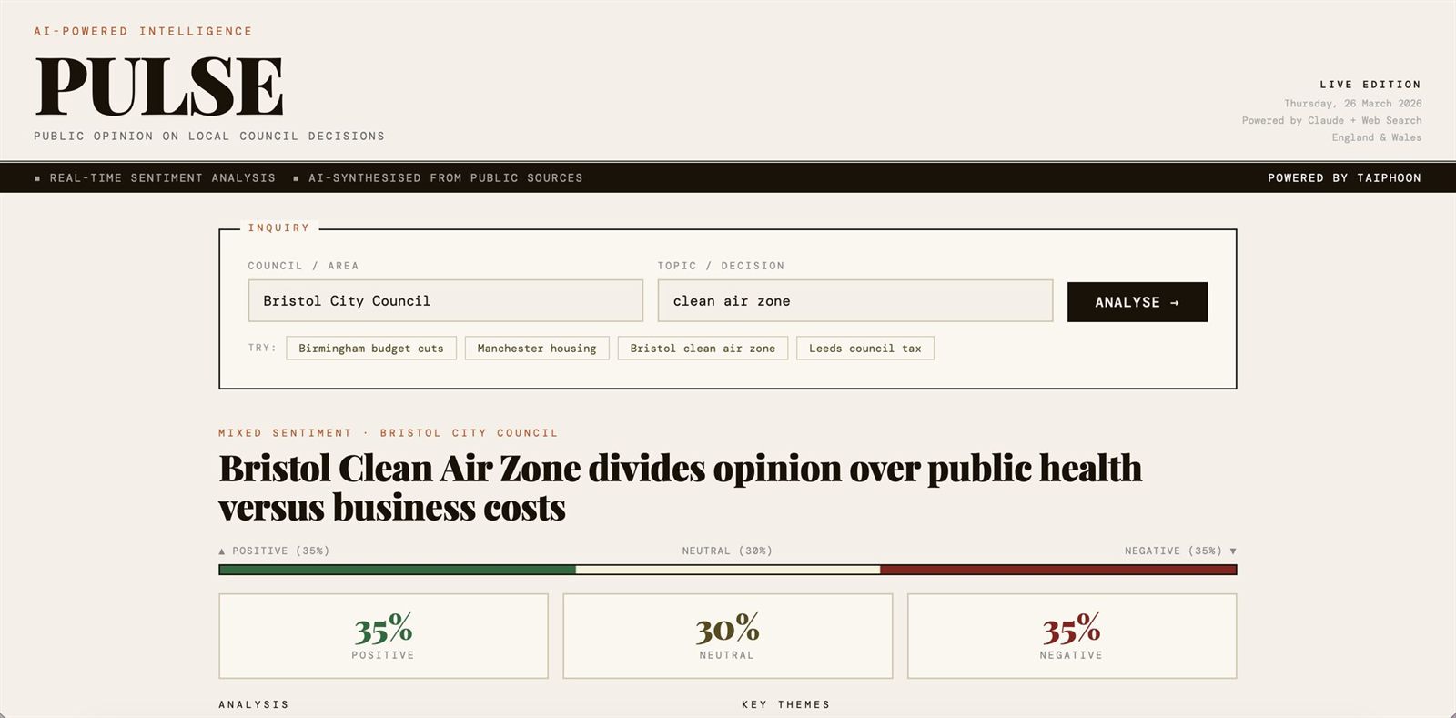 Taiphoon's Pulse prototype: AI public-opinion analysis on local council decisions