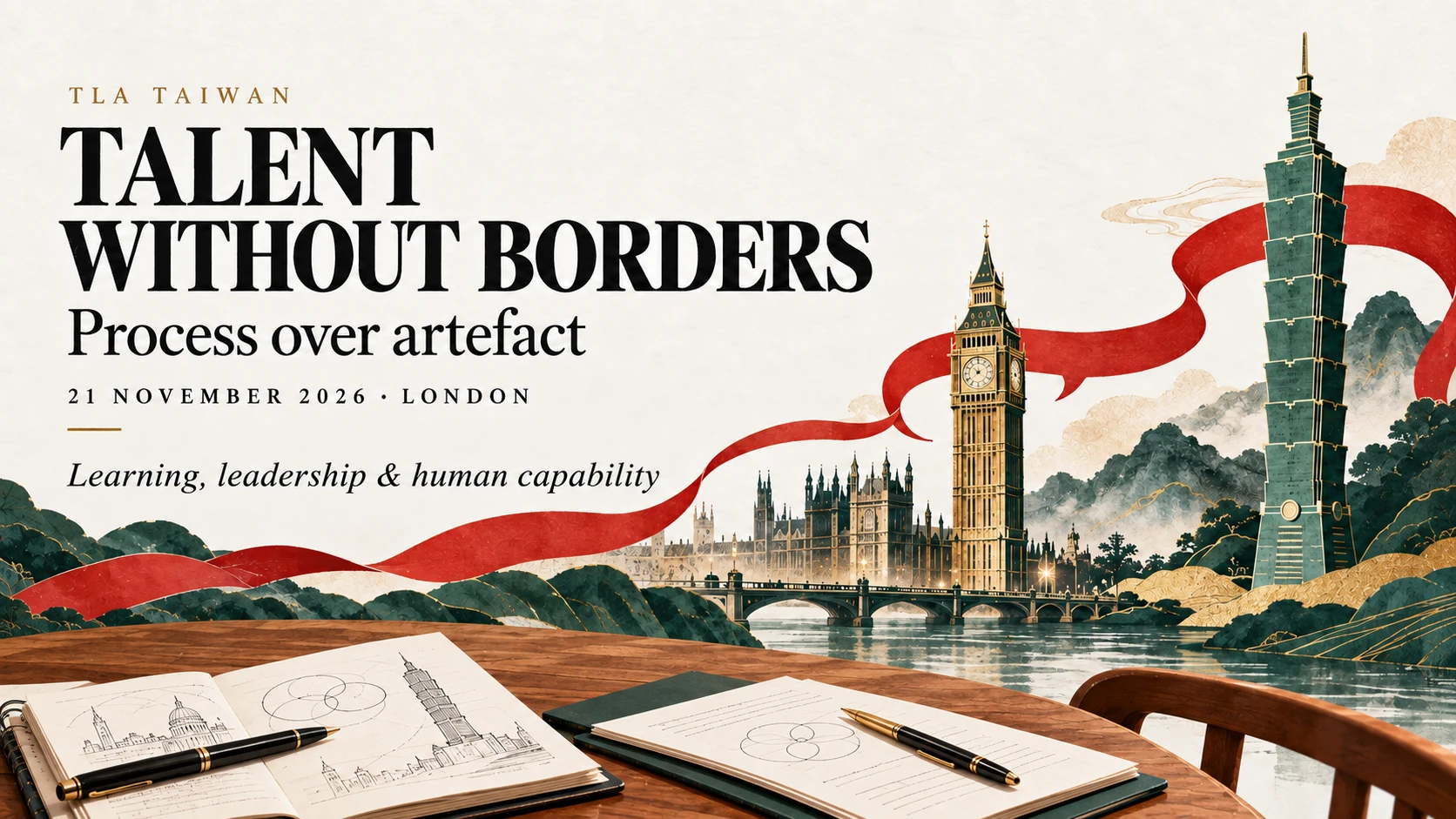 Talent Without Borders, TLA Taiwan, 21 November 2026 in London. An illustrated connection between London and Taipei with working notebooks, accompanying the theme Process over artefact.