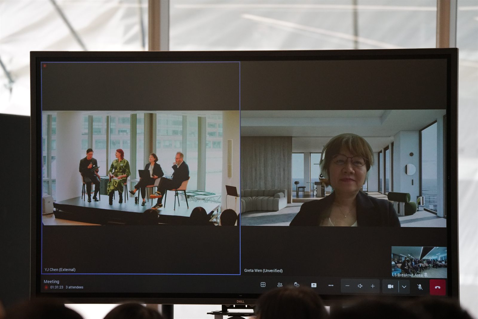 Panel 1 on stage with moderator YJ Chen, Maya Carlyle, Ching-Yi Liu and John Spindler, with Greta Wen joining on screen from Taiwan